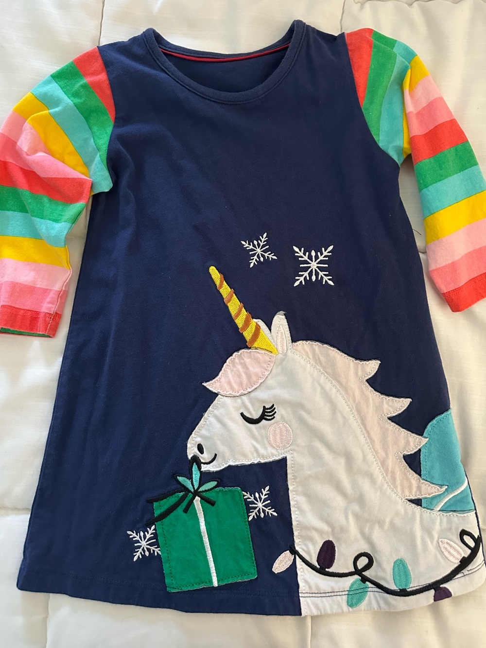 Girls Navy Unicorn Holiday Tunic Dress with Rainbow Sleeves 3T